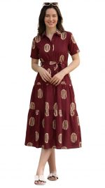 Bollyclues Women's Maroon Printed Midi Dress | Viscose Rayon Shirt Collar Dress with Waist Tie Belt | Short Sleeve Tiered A-Line Casual Summer Dress for Women