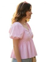 Women's Peplum Top, Blue and White Striped, Cotton Blend, Puff Sleeves with Ruched Sweetheart Neckline - Image 3
