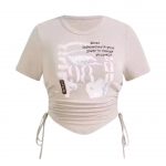 Women's Graphic Crop Top, Ruched Side Tie Drawstring, Slim Fit Stretch Tee, Casual Streetwear