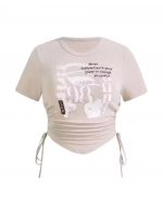 Women's Graphic Crop Top, Ruched Side Tie Drawstring, Slim Fit Stretch Tee, Casual Streetwear
