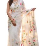 Women's linen Cotton Saree | White Floral cotton Linen Digital Prints Saree | Unstitched Blouse Piece
