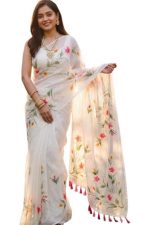 Women's linen Cotton Saree | White Floral cotton Linen Digital Prints Saree | Unstitched Blouse Piece