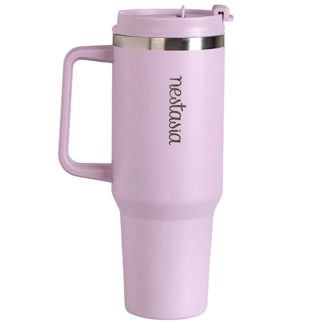 41AWfqwsVAL._SL1080_.jpg Nestasia GripSip40 Tumbler with Straw & Side Handle 1.2L | Insulated Stainless Steel Sipper Water Bottle for Adults with Dual Flip Opening Sip-Swig Leakproof Lid for Office & Gym (Lilac Haze) - Image 1