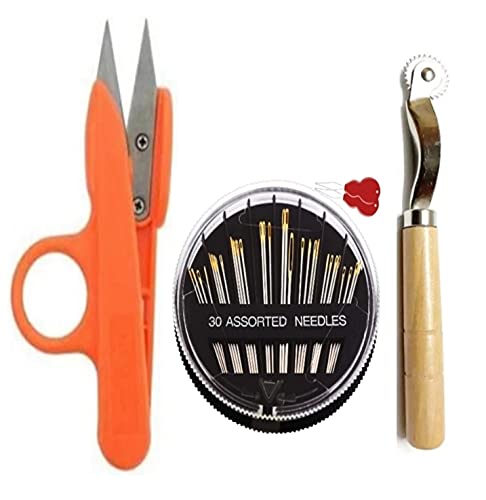 41HdPZMlwTL.jpg ROYAL VILLA® Special Combo Pack of 1 Orange Thread Cutter + 30 Golden Eye Needles Compact + 2 Wire Loop Plastic Threader + 1 Tracing Wheel for Sewing, Embroidery and Art Craft Work. - Image 1