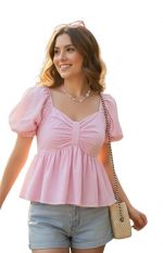 KARMA APPAREL Women’s Striped Pattern Sweetheart Neck Puff Sleeve Top |Trendy Summer, Office, College Wear