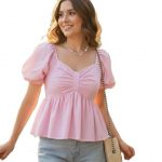 Women's Peplum Top, Blue and White Striped, Cotton Blend, Puff Sleeves with Ruched Sweetheart Neckline