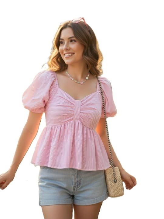 41Z2miVIt5L.jpg Women's Peplum Top, Blue and White Striped, Cotton Blend, Puff Sleeves with Ruched Sweetheart Neckline - Image 1