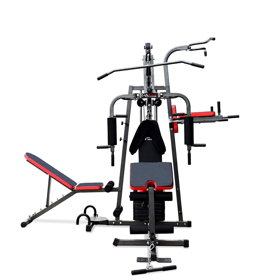 51-BauCFsnL._SL1100_.jpg Life Line 3 Station Multi Gym Machine for Home HG 300 Home Gym Machine All in One with Adjustable Bench, Hip Flexor, Dipping |72kg Weight Stack Home Gym Equipment All in One | Free Home Installation - Image 1