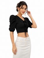 Women's Ribbed Puff Sleeve Crop Top with Peter Pan Collar & Tie Front | Stylish for Girls | Half Sleeve Casual Fashion Apparel | Perfect with Jeans, Skirts, Shorts & Trousers - Image 4