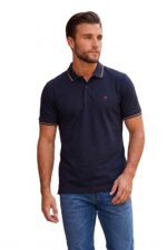 Louis Philippe Men's Slim Fit Single-Tuck Pique Stylized Sleeve Print and Contrast Tipping Half Sleeve Solid Polo Tshirt