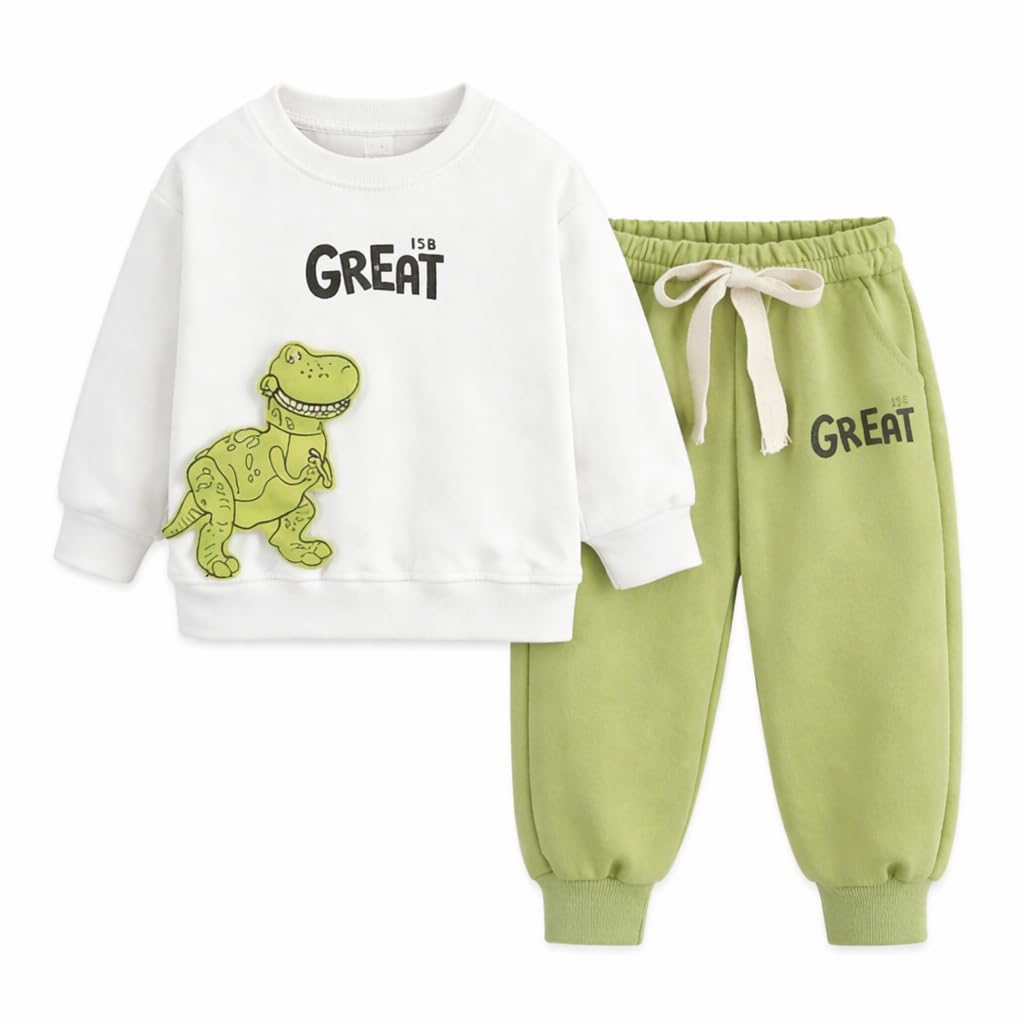 513FG3b8L._SL1024_.jpg COZIE Baby Boys & Girls Hosiery Cotton Full Sleeve T-Shirt and Jogger Pant Set, Dinosaur Print Soft Comfortable Casual Wear Clothing Set - Image 1