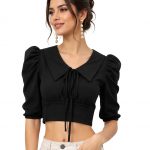 Women's Ribbed Puff Sleeve Crop Top with Peter Pan Collar & Tie Front | Stylish for Girls | Half Sleeve Casual Fashion Apparel | Perfect with Jeans, Skirts, Shorts & Trousers