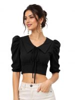 Women's Ribbed Puff Sleeve Crop Top with Peter Pan Collar & Tie Front | Stylish for Girls | Half Sleeve Casual Fashion Apparel | Perfect with Jeans, Skirts, Shorts & Trousers