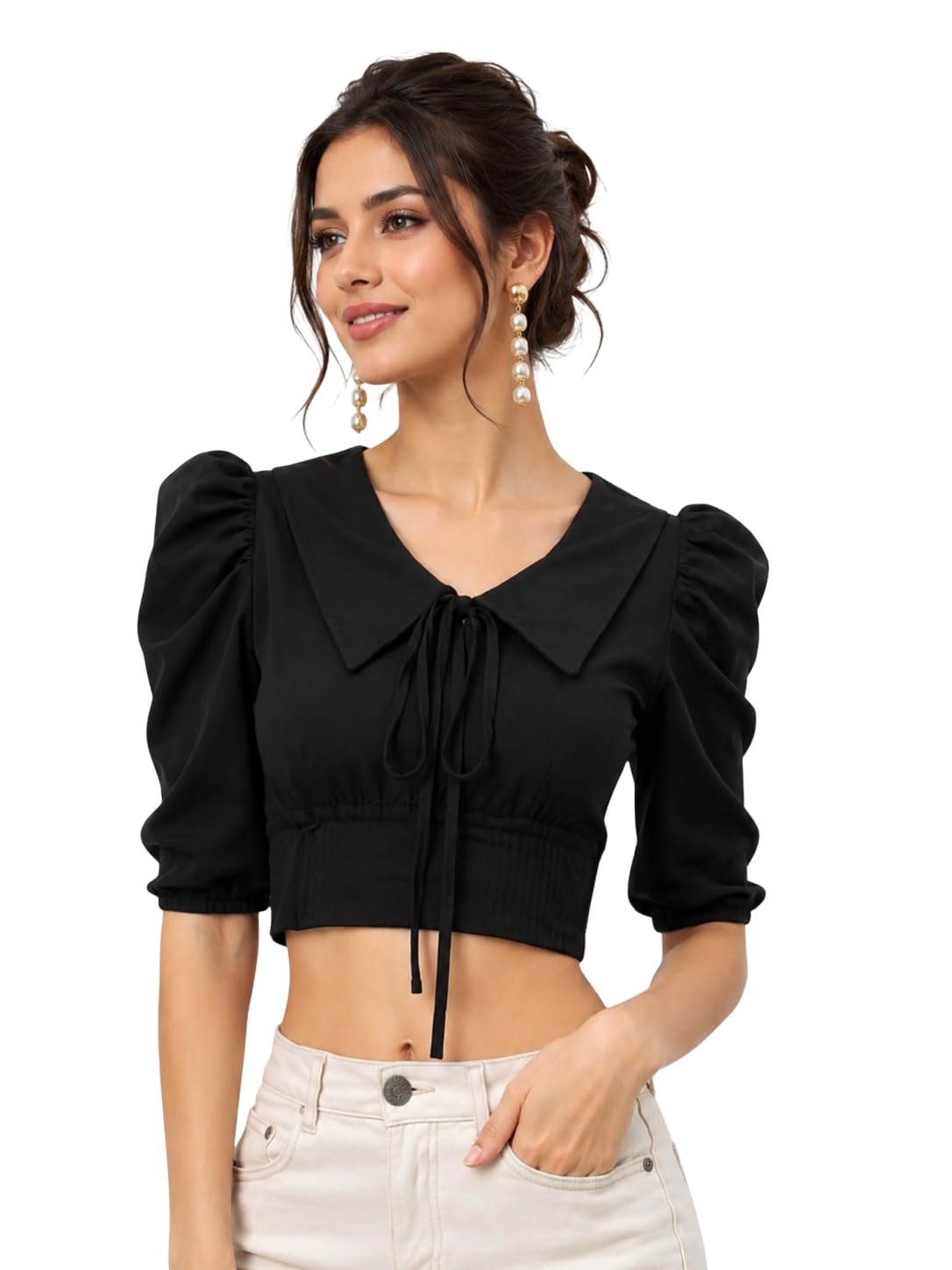 5141LxaPtL._SL1448_.jpg Women's Ribbed Puff Sleeve Crop Top with Peter Pan Collar & Tie Front | Stylish for Girls | Half Sleeve Casual Fashion Apparel | Perfect with Jeans, Skirts, Shorts & Trousers - Image 1