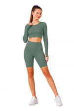 Women’s Gym Co-Ord Set | Full Sleeve Crop Top & High Waist Biker Shorts | Yoga Workout Activewear Set for Running, Fitness, Cycling & Lounge Wear