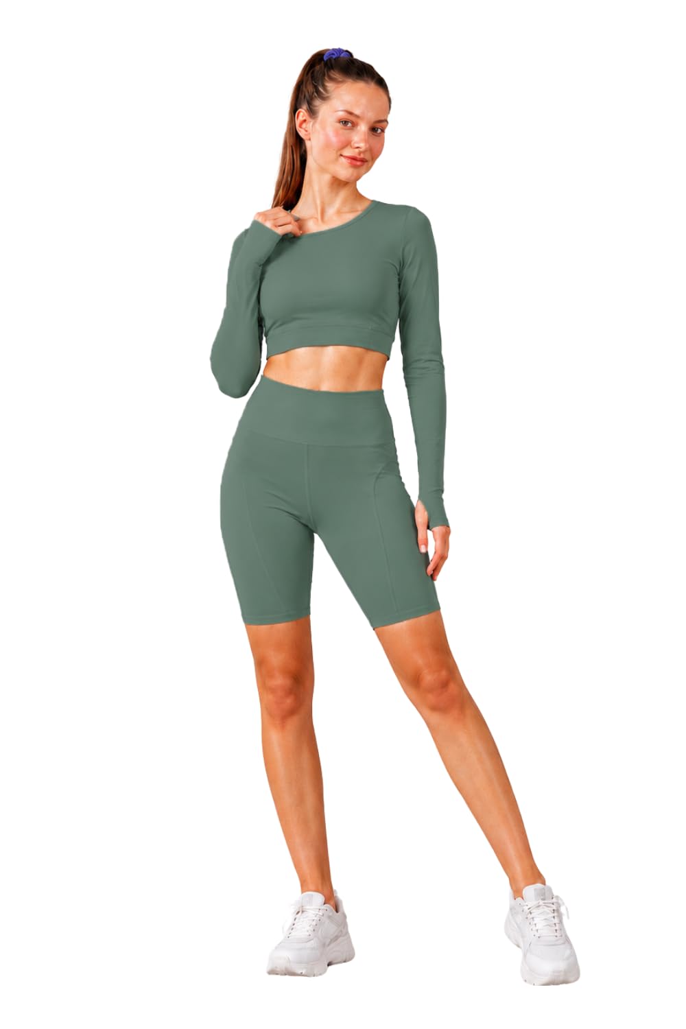 516mxAhE9sL._SL1500_.jpg Women’s Gym Co-Ord Set | Full Sleeve Crop Top & High Waist Biker Shorts | Yoga Workout Activewear Set for Running, Fitness, Cycling & Lounge Wear - Image 1