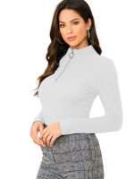Dream Beauty Fashion Women's Half Zip Mock Neck Long Sleeve Slim Fit Casual Tee Top, 23" inches (Thar-01-P)