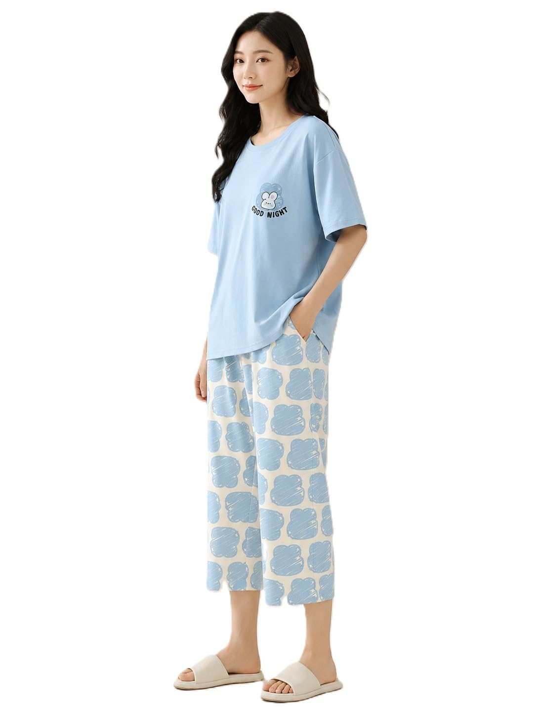 519RRYtYEoL._SL1442_.jpg Women T-Shirt & Capri Pants Night Suit Set, Printed Casual Sleepwear for Women, Soft Lounge Wear Co-Ord Set Home Comfort - Image 1