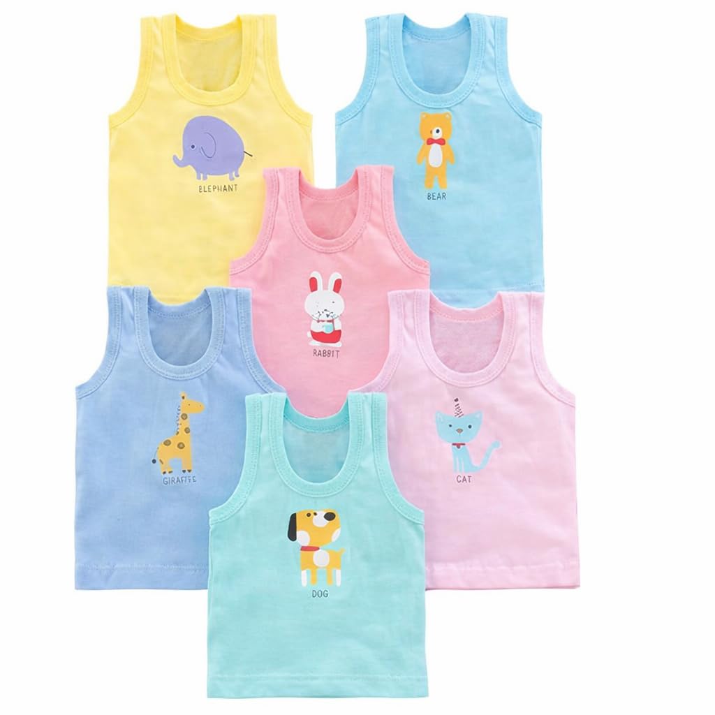 51B0oBLi0SL._SL1024_.jpg Unisex Baby Vest Sleeveless Cotton Baniyan | Kid's Sando Baniyan, Kids Vest | Soft & Breathable Baby Jabla |Toddler Innerwear for Boys & Girls, Cute Animal Print | Multicolor Pack of 6 - Image 1