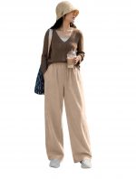 CHICSTIT Women Cotton Wide Leg Trousers | Elastic Waist High Rise Palazzo Pants | Loose Fit/Straight Fit Casual Lounge Pants with Pockets