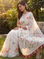 Women's linen Cotton Saree | White Floral cotton Linen Digital Prints Saree | Unstitched Blouse Piece - Image 6