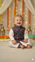 A.T.U.N. (ALL THINGS UBER NICE) Baby Boys 100% Cotton Ethnic Kurta Pyjama Set with Printed Nehru Jacket | Traditional Indian Festive Clothing Set for Infants | Elegant Wedding Celebration Outfit - Image 2