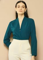 Women's Formal Shirt, Teal Green, V-Neck, Full Sleeves,Relaxed Fit - Image 2