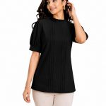 Yash Gallery Women's Rayon Dobby Solid Straight Half Puff Sleeve High Neck Casual Regular Fit Top
