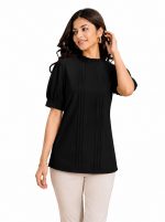 Yash Gallery Women's Rayon Dobby Solid Straight Half Puff Sleeve High Neck Casual Regular Fit Top
