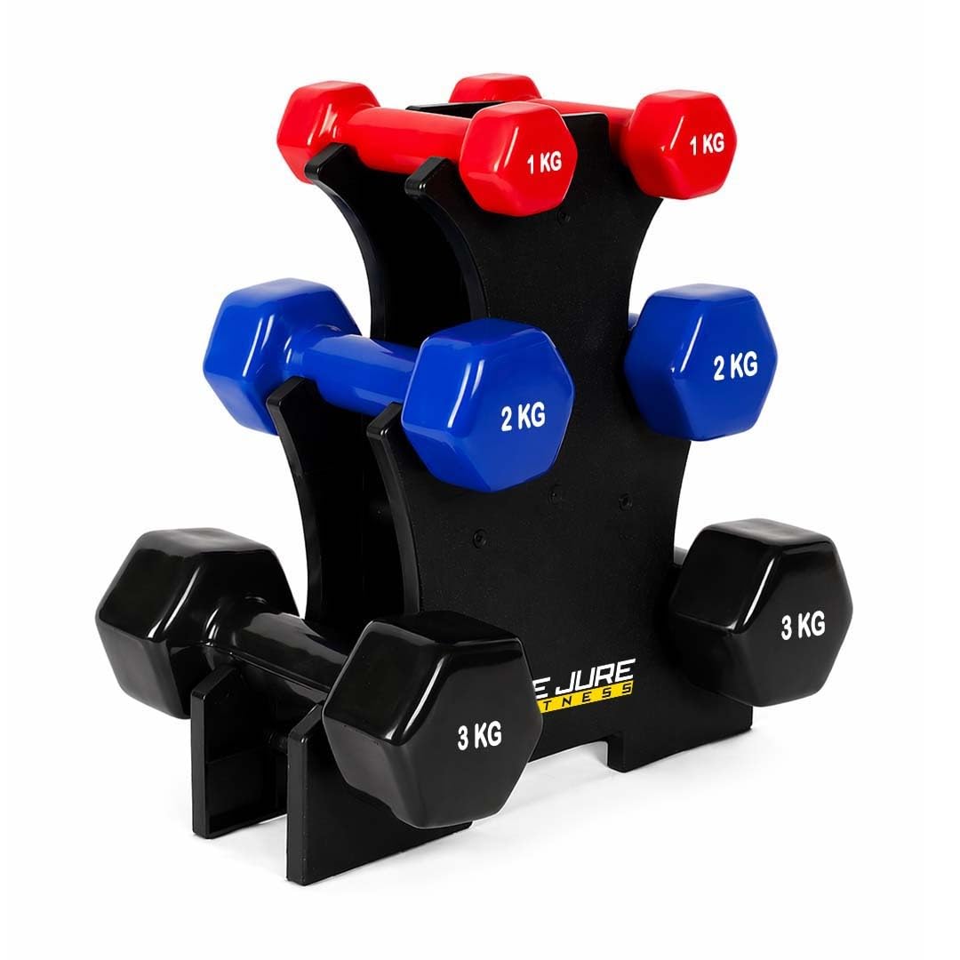 51IHt0pvAhL._SL1080_.jpg De Jure Fitness Dumbbell Set with Stand for Home Gym | 1kg 2kg 3kg 3 Pair Dumbbells Set | Vinyl Weight Set with Rack | Space Saving Compact Stand | Strength Training Workout Equipment - Image 1