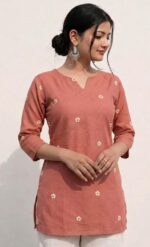 Women Peach Embroidered Cotton Short Kurti | Casual Office & College Kurti Top for Girls - Image 6