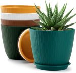 StyleX Store Plastic Round Flower Pots with Drainage Hole Saucers | Durable Outdoor Indoor Wave Pattern Planters with Tray Plant Container for Garden Office, Balcony and Home (Set of 5,Z (Multicolor)