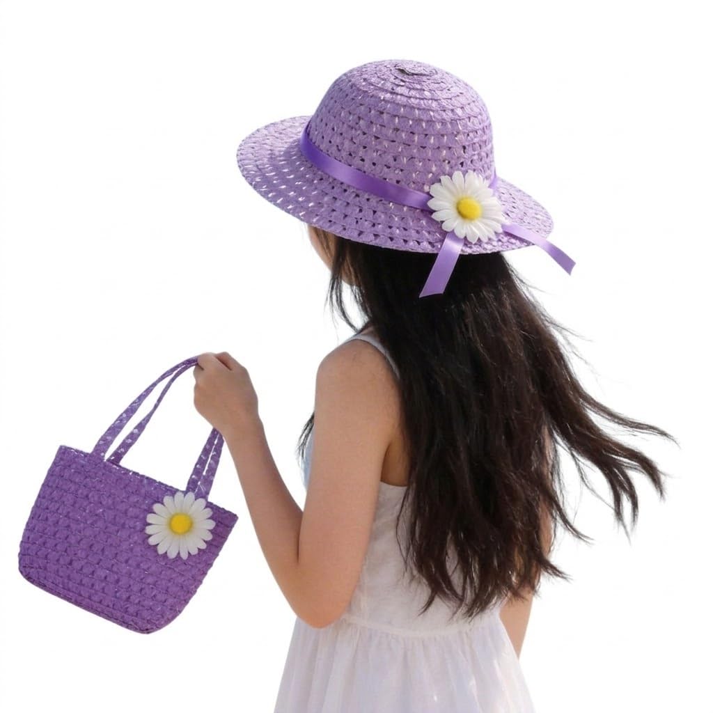 51K307EdW3L._SL1024_.jpg BabyMoon Set of 2 | Baby Girls Summer Sunflower Straw Kids Sun Hat with Sling Purse Handbag | Beach Hat | 2-6 Years - Image 1