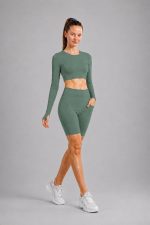 Women’s Gym Co-Ord Set | Full Sleeve Crop Top & High Waist Biker Shorts | Yoga Workout Activewear Set for Running, Fitness, Cycling & Lounge Wear - Image 4