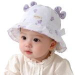 REFFER Baby Girls Bucket Hat, Cute 3D Bow Design, Lace Trim Wide Brim, Elastic Chin Strap Lightweight Cotton Hats with Drawstring UV Protection 3-12M