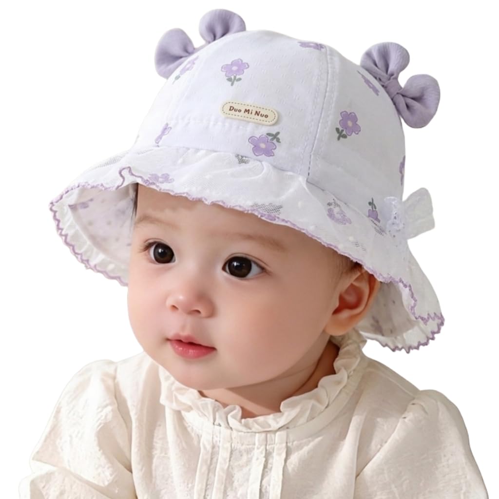 51MWg01fQyL._SL1024_.jpg REFFER Baby Girls Bucket Hat, Cute 3D Bow Design, Lace Trim Wide Brim, Elastic Chin Strap Lightweight Cotton Hats with Drawstring UV Protection 3-12M - Image 1