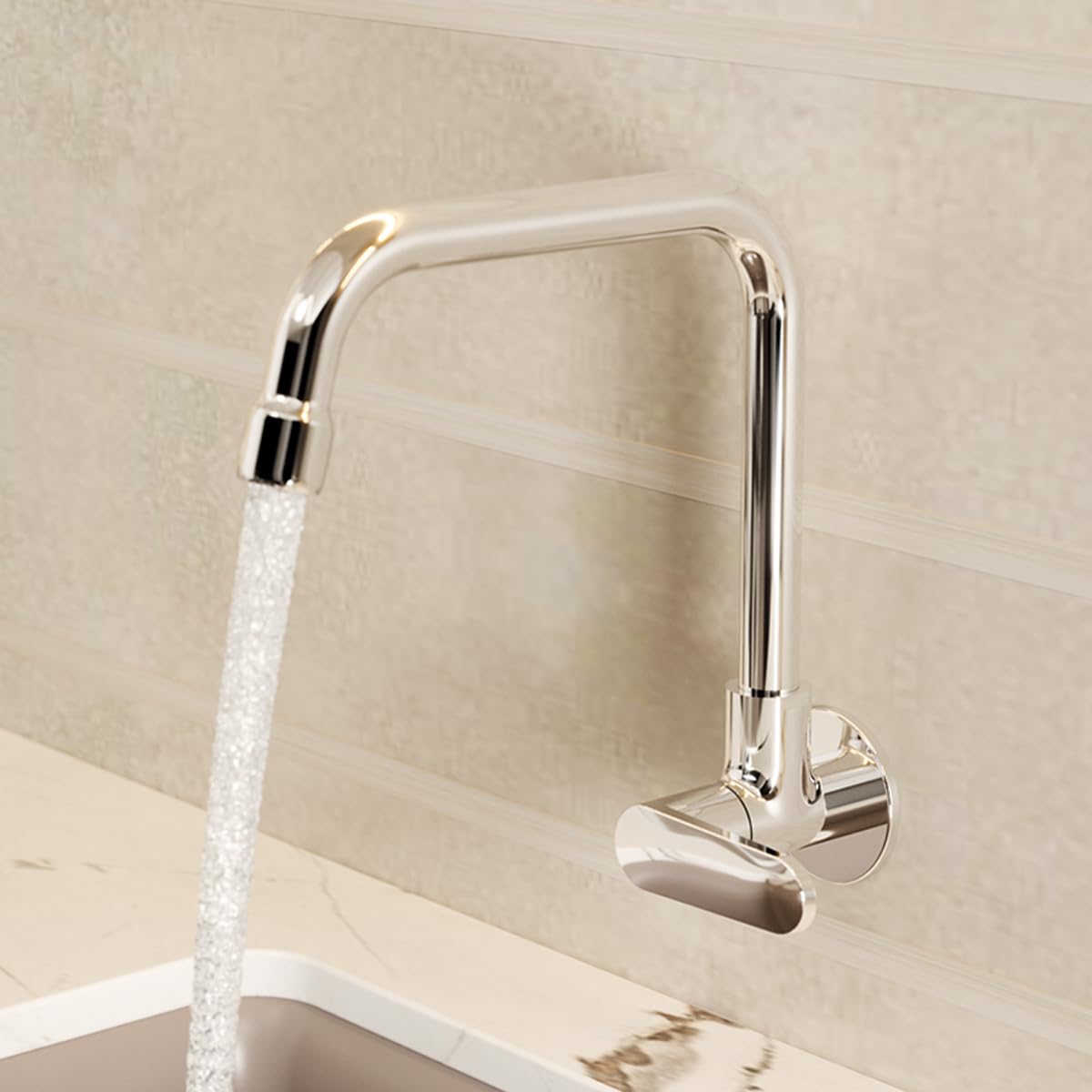 51Mr0bwZpL._SL1200_.jpg Kohler Beam Kitchen Faucet | Wall Mounted Kitchen Sink Tap | Cold-Only Single Lever Faucet with 360° Swivel | Water Saving Aerated Flow | Polished Chrome Finish | 10 Years Warranty - Image 1