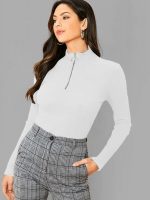 Dream Beauty Fashion Women's Half Zip Mock Neck Long Sleeve Slim Fit Casual Tee Top, 23" inches (Thar-01-P) - Image 4