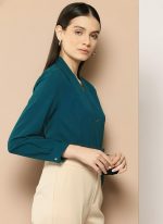 Women's Formal Shirt, Teal Green, V-Neck, Full Sleeves,Relaxed Fit - Image 3