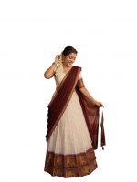 ZITON Kerala Traditional Half Saree Lehenga, Off-White with Maroon Border, Gold Elephant Motif, Complete Set for Onam & Weddings - Image 4