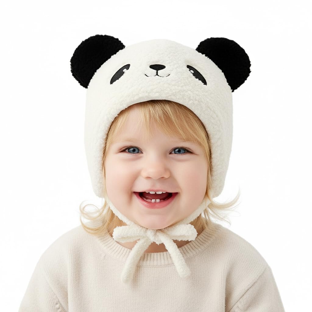 51Q-Wq0IygL._SL1024_.jpg SNOWIE SOFT® Panda Styling Toddler Baby Cap 6-36 Months, Warm Plush Knitted Beanie Winter Cap for Baby Girl Boy with Chin Strap and Cute Ears for Ear Protection, Cozy Outdoor Hat Christmas Gift - Image 1
