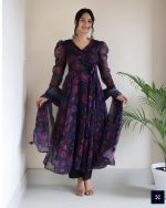 Elegant Botanical Print Flared Anarkali Dress with Sheer Dupatta and Full Sleeves Chic Floral Print Pleated Dress with Sheer Neckline and Long Sleeves - Image 4