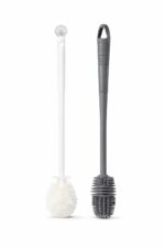Silicone Bottle Cleaning Brush Set (2 Pcs – White & Grey) | Long Handle Soft & Bendable Silicone Cup & Bottle Brush | Multipurpose Cleaner for Bottles, Glasses, Baby Bottles & Kitchenware