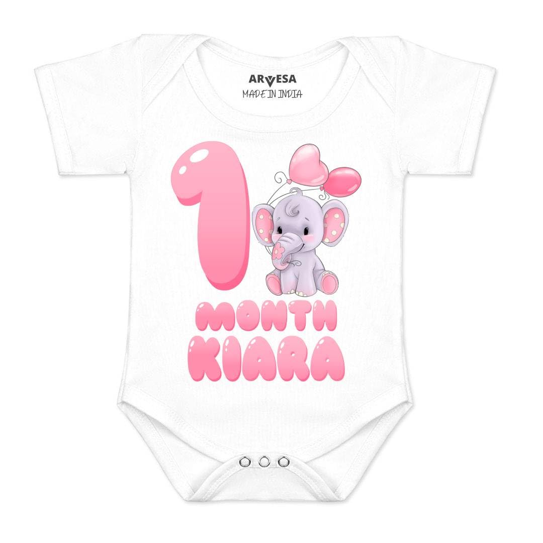 51XODAPTHkL._SL1080_.jpg ARVESA Customised Baby Name 1 Month Baby Milestone Romper for Baby Boy and Baby Girl Cotton 0–12 Months Design no 246-1 Month - Image 1