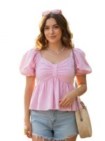 Women's Peplum Top, Blue and White Striped, Cotton Blend, Puff Sleeves with Ruched Sweetheart Neckline - Image 5