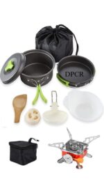 11-Piece Camping Cookware Mess Kit with Gas Stove, Lightweight Nonstick Pot & Pan Set with Spork, Bowls, Sponge & Travel Bag – Compact Outdoor Cooking Gear for Backpacking, Hiking, Scouts