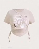 Women's Graphic Crop Top, Ruched Side Tie Drawstring, Slim Fit Stretch Tee, Casual Streetwear - Image 2