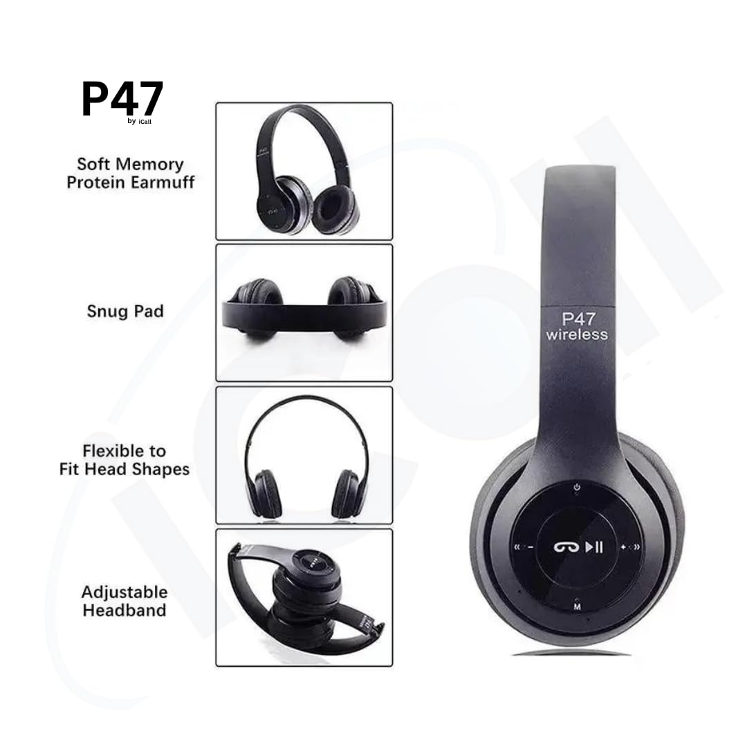 51bHzuZCPIL._SL1080_.jpg icall P47 Best Wireless Portable Gaming Headphone Microphone Stereo Card Support Bluetooth Headset (Black) - Image 1