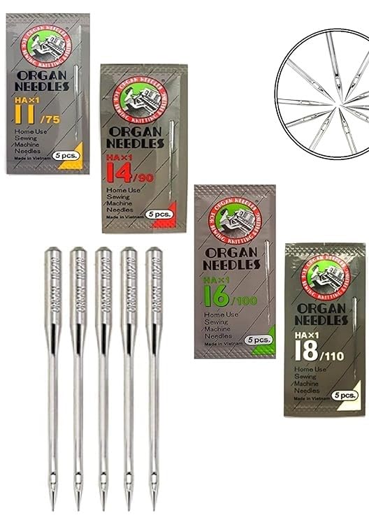 51bcDsWKNYL.jpg Premium Organ Art and Craft Stainless Steel Needles | Size 11, 14, 16, 18, 21 | HAx1 - 11/75, 14/90, 16/100, 18/110| Set of 05 Needles Each | Home Use Sewing Machine Needle (4 Packets) Total 20 Pcs | Type : One Side Flat - Image 1