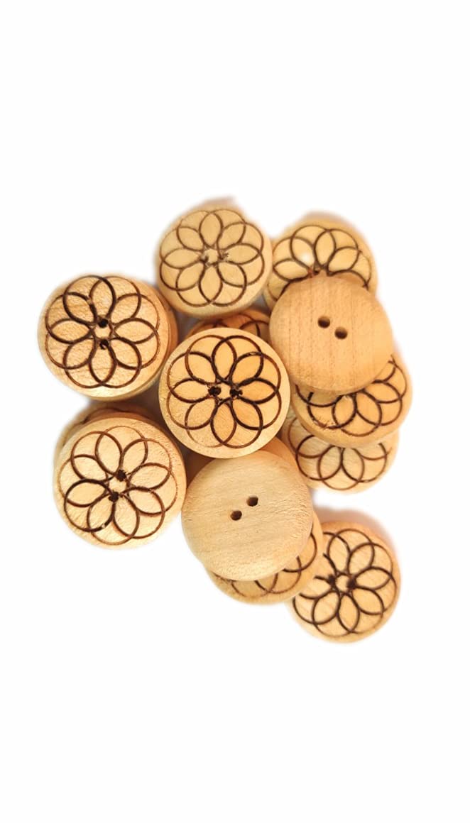 51bdoXZjQlS._SL1160_.jpg Ekta Enterprise Maple Big Size Wooden Flower Designed Button Dia. 25mm, 2 Holed Buttons for Clothing,Designer Collection of Ethnic Ware, Ladies Kurties, Sewing, DIY Art and Craft Pack of 50 - Image 1